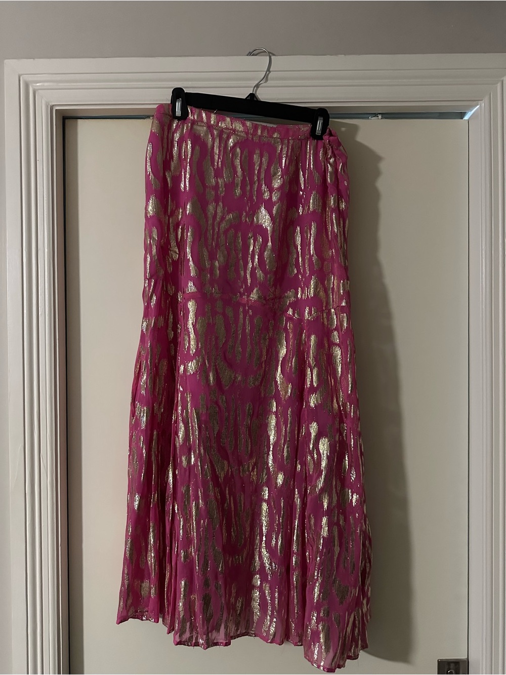 Never Fully Dressed Pink Maxi Skirt with Gold Metallic Pattern